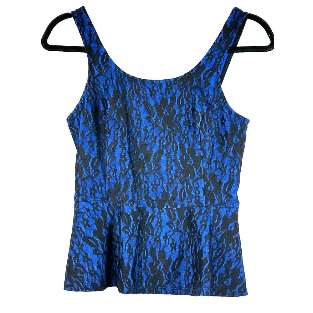 Express Peplum Top Womens XS Blue‎ Sleeveless Lace Floral Print Tank Back Zip